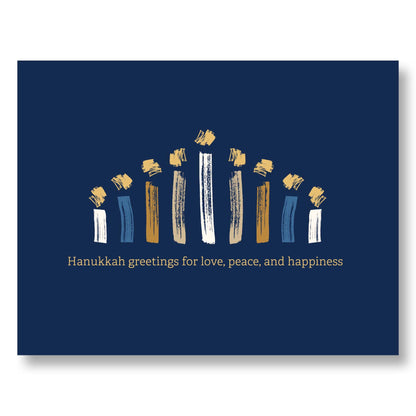 Hanukkah Notecard Set of 8 – Brush‑Stroke Menorah Design – A2 Cards & White Envelopes – Belly Band Wrapped