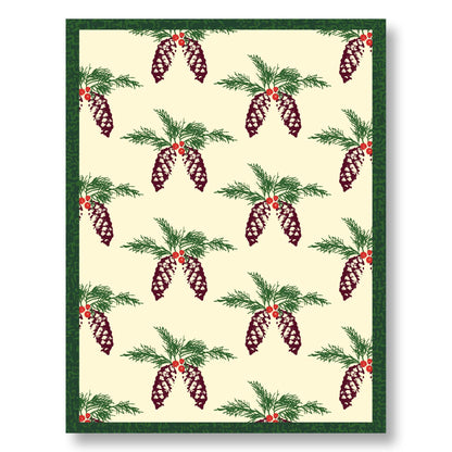 Holiday Notecard Set of 8 – Pine Cone & Evergreen Design – A2 Cards & White Envelopes – Belly Band Wrapped