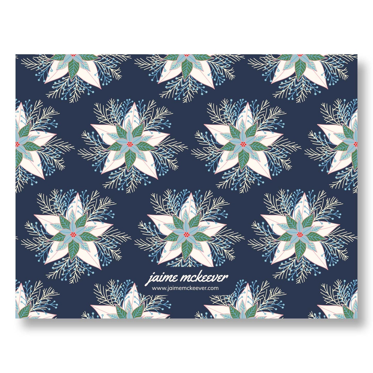 Holiday Notecard Set of 8 – Winter Poinsettias Design – A2 Cards & White Envelopes – Belly Band Wrapped