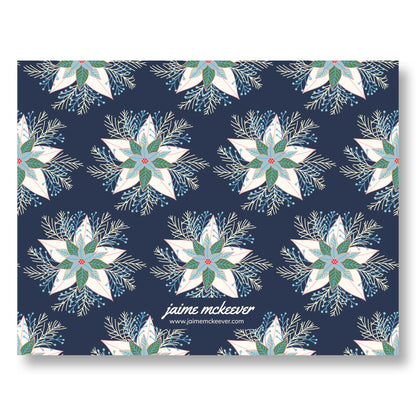 Holiday Notecard Set of 8 – Winter Poinsettias Design – A2 Cards & White Envelopes – Belly Band Wrapped
