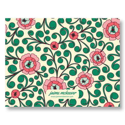 Floral Holiday / Winter Notecard Set of 8 – Roses & Scrolls Design – A2 Cards & White Envelopes – Belly Band Wrapped