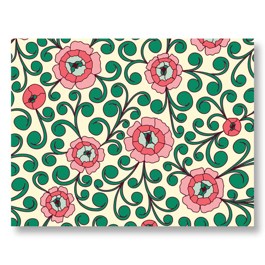 Floral Holiday / Winter Notecard Set of 8 – Roses & Scrolls Design – A2 Cards & White Envelopes – Belly Band Wrapped