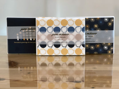 Holiday Notecard Set of 8 – Navy Gold Starburst Greeting Cards – A2 with White Envelopes – Belly Band Wrapped